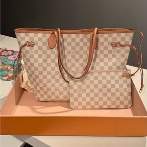Louis Vuitton Neverfull MM Damier Azur Rose Ballerine Lining+Pouch Box/Dust Bag